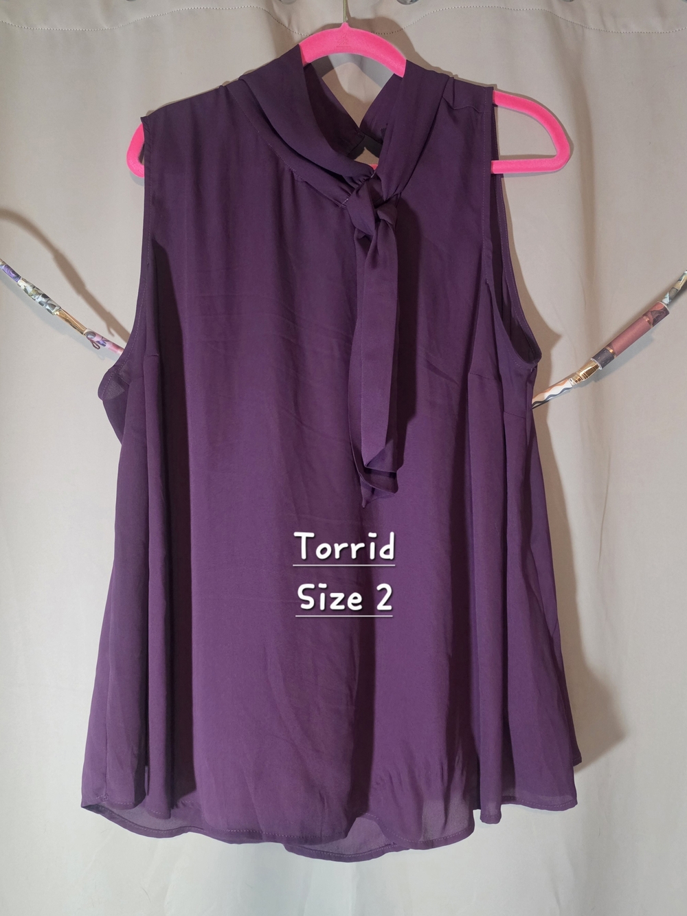 Size 2 Torrid Purple Elegant Sleeveless Tie-Neck Blouse